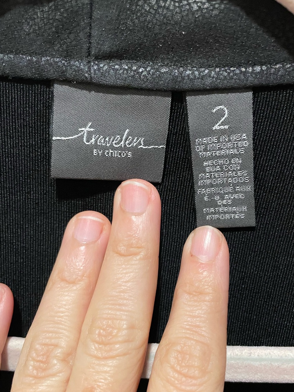 Chicos Travelers Jacket Black Faux Leather Draped Open Front 3/4 sleeve. Size 12 - Picture 3 of 9